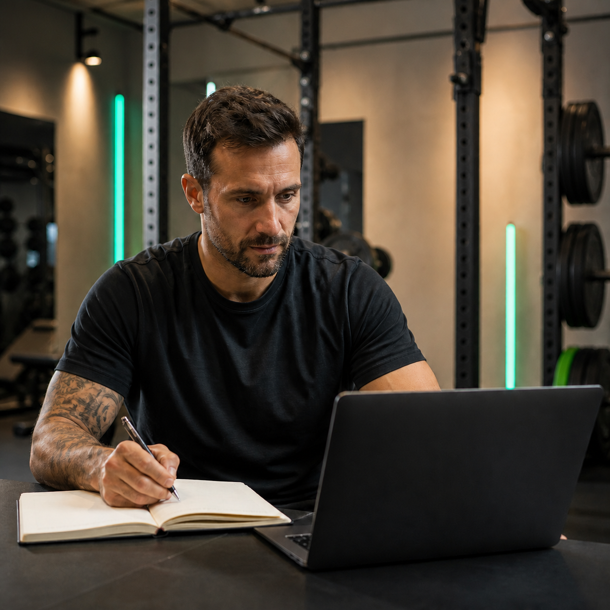 Gym operator reviewing Gymplify documentation at a workstation