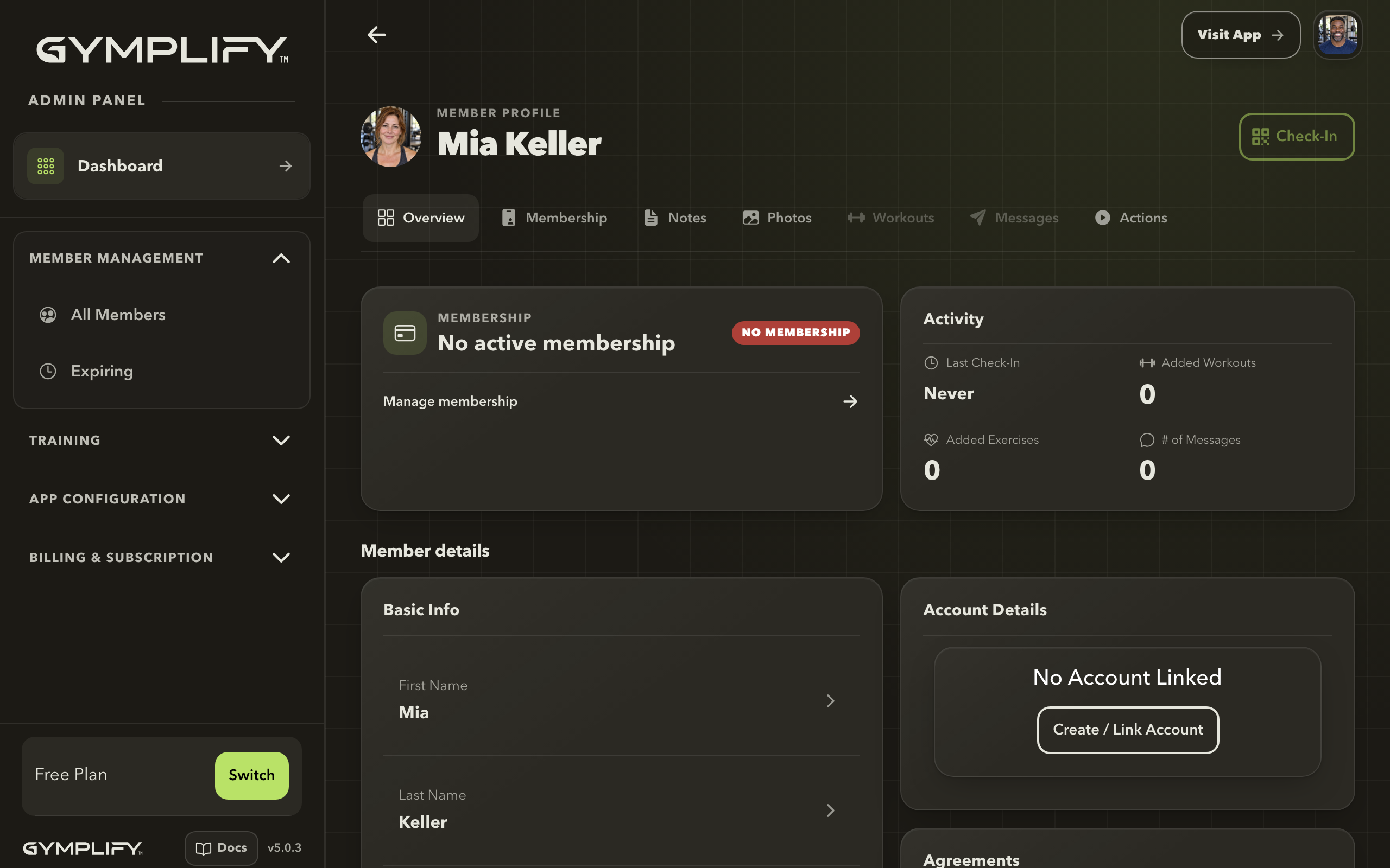 Gymplify staff profile for a member who has no linked login account