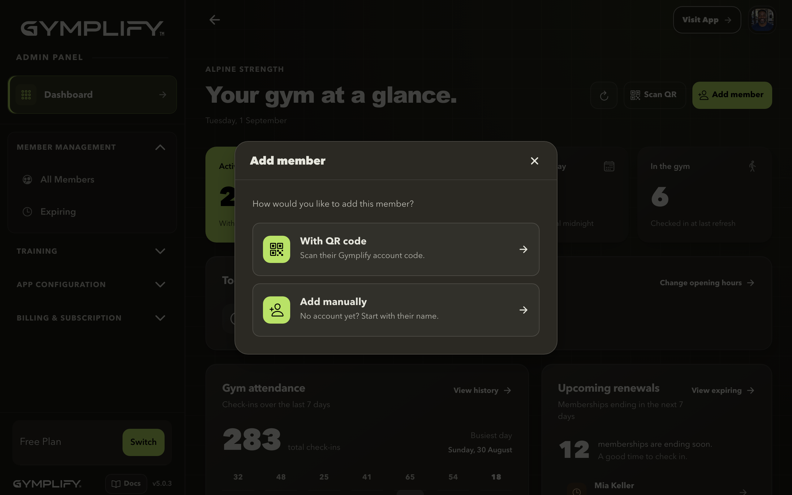 Gymplify add-member dialog offering QR-code and manual registration
