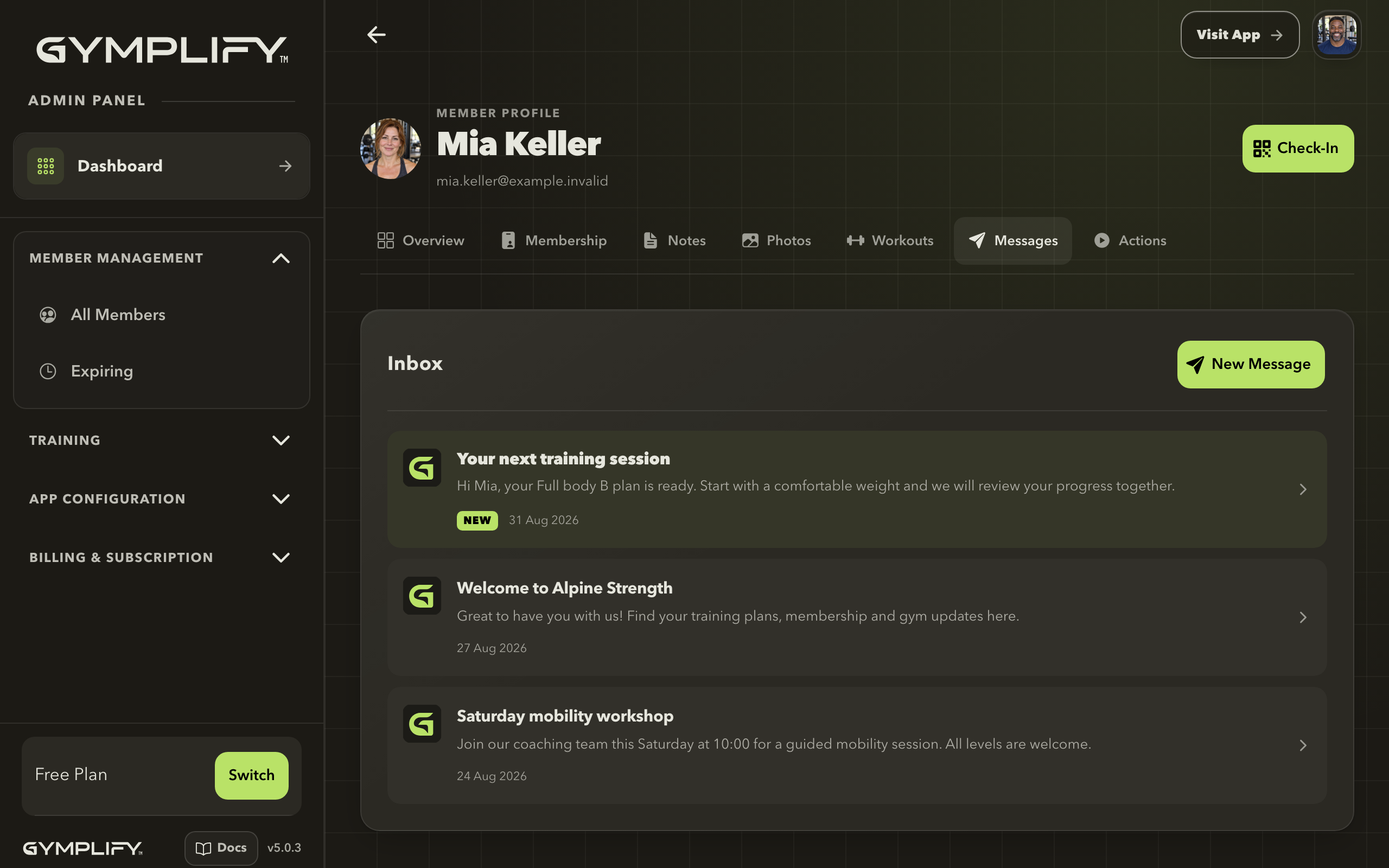 Gymplify staff view of messages sent to Mia Keller