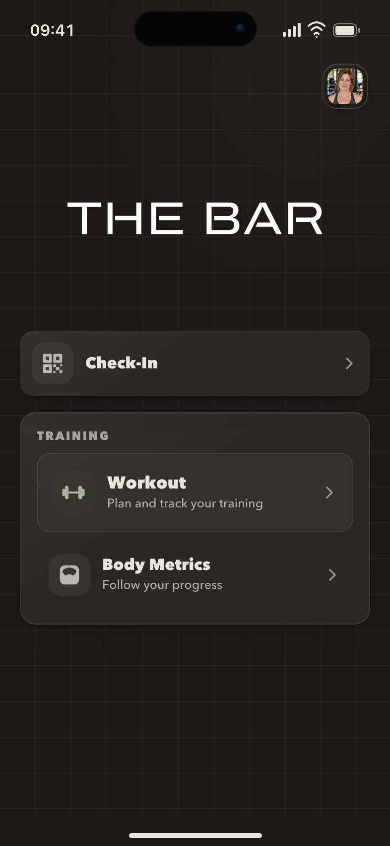 Gymplify member home demonstrating The Bar branding with fictional member data