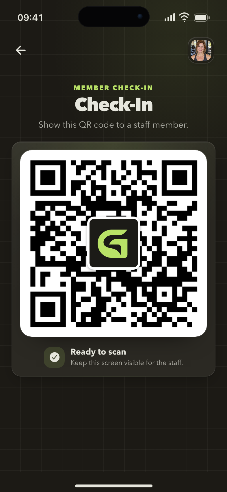 Gymplify member check-in QR code ready for staff to scan