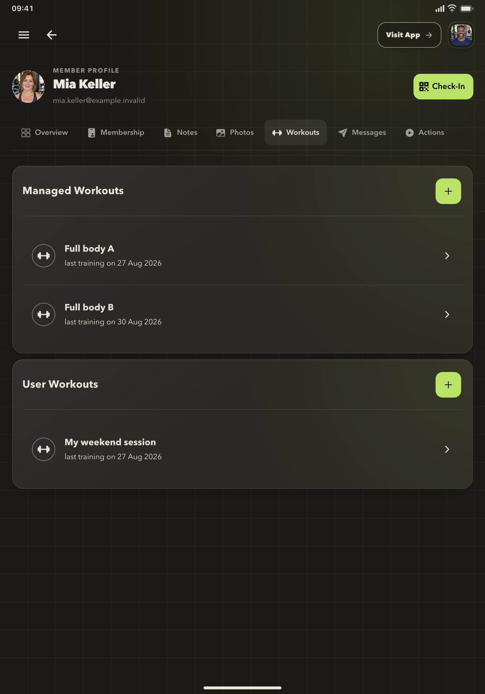 Gymplify staff view of managed workout plans and a member workout history