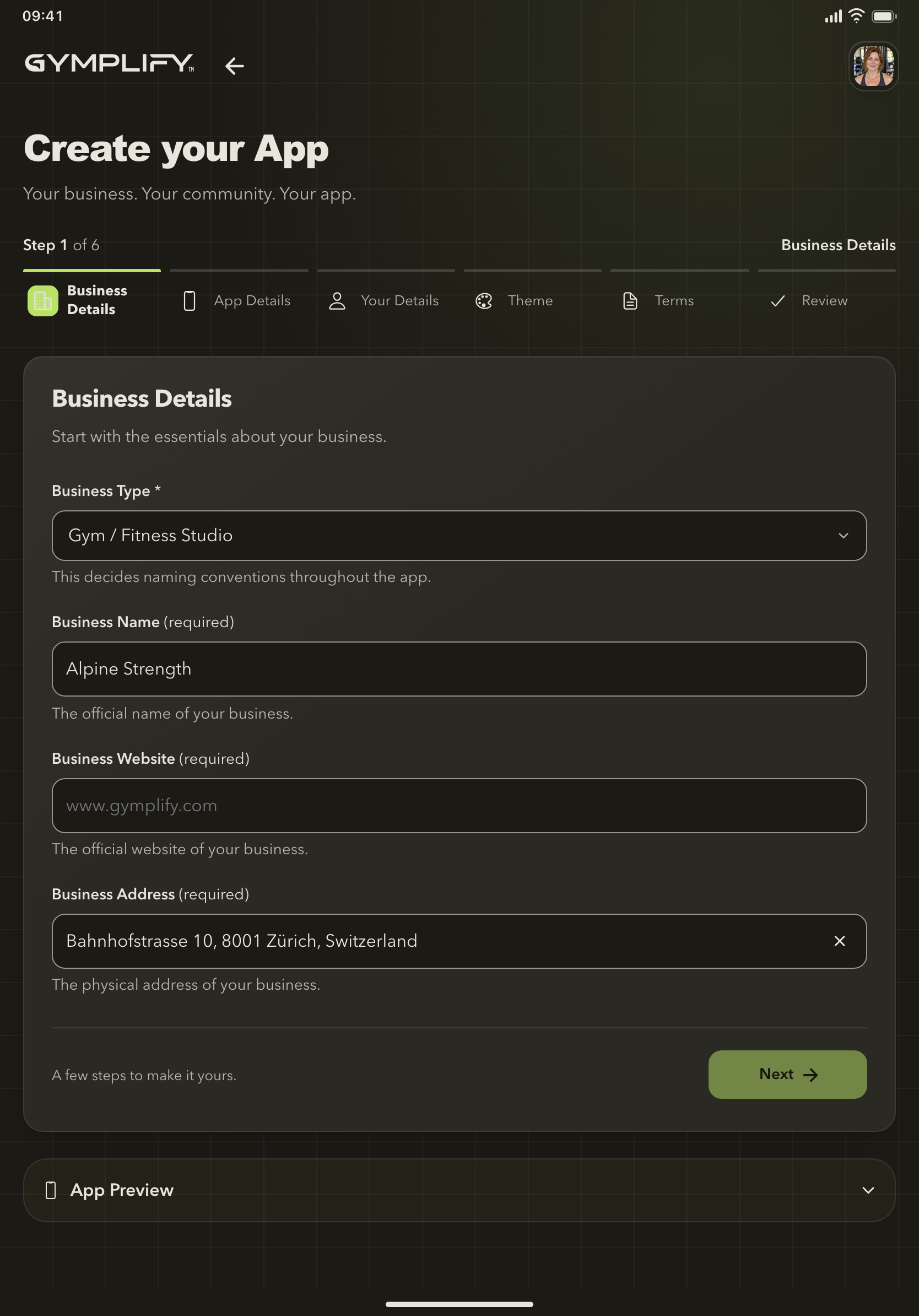Gymplify app creation form populated with example business details
