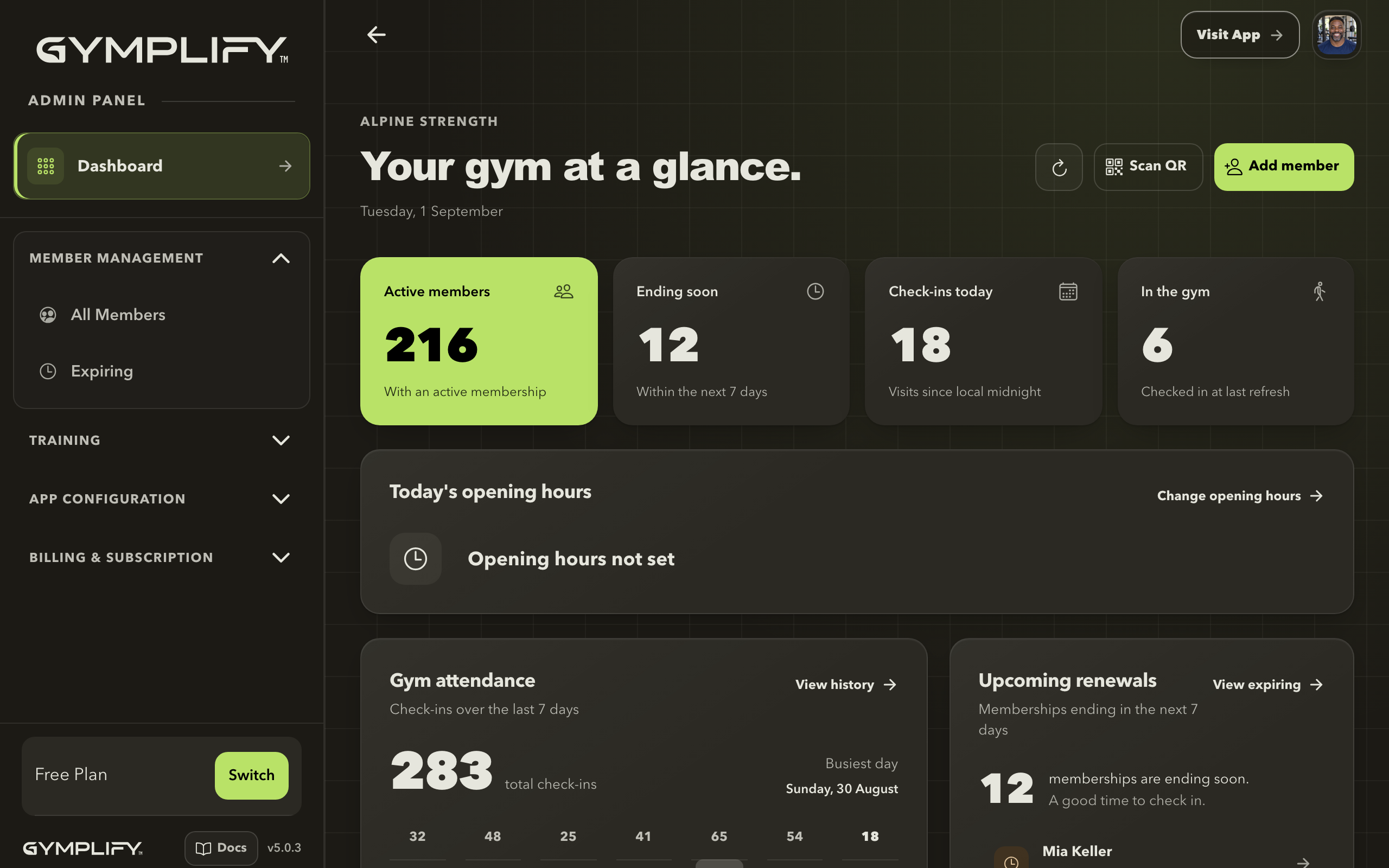 Gymplify admin dashboard with member statistics, checked-in members and recent activity