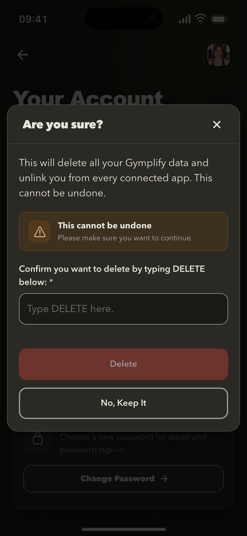 Gymplify account deletion warning requiring typed confirmation before deletion