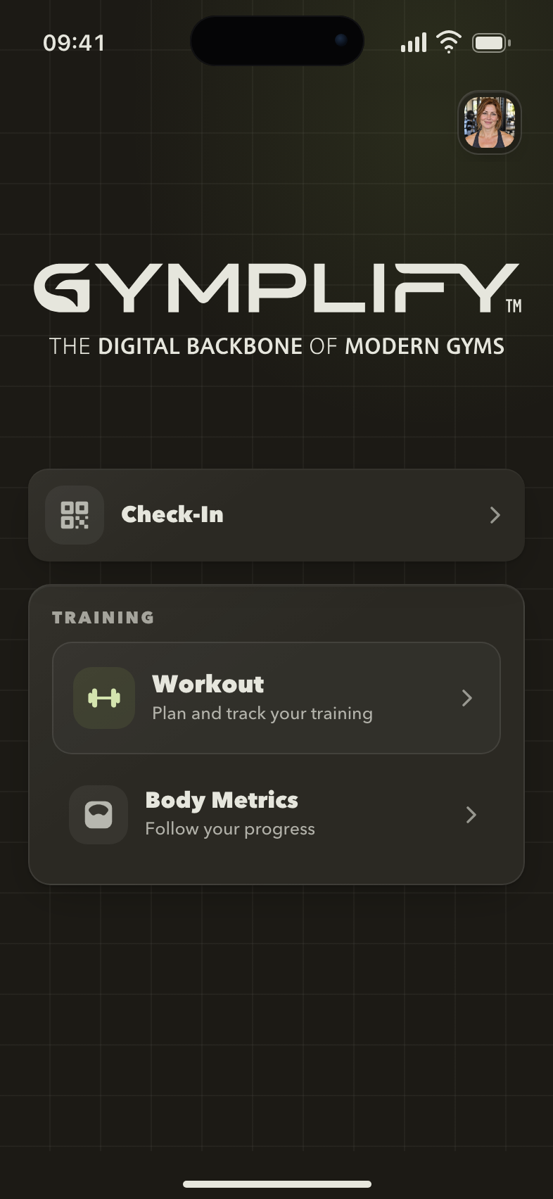 Gymplify member home with gym branding and check-in actions