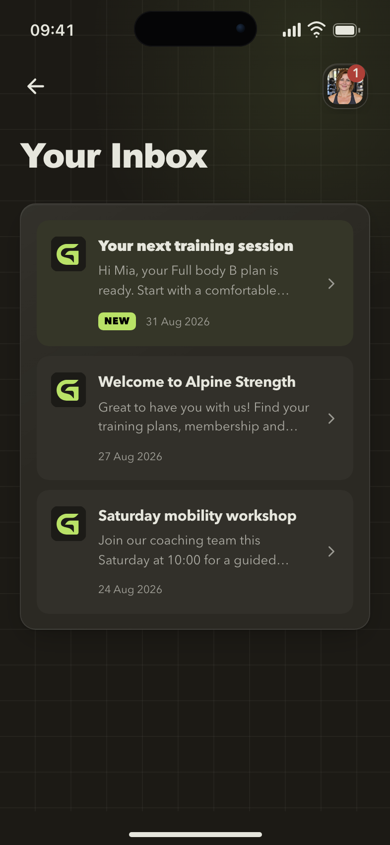 Gymplify member inbox with gym announcements and a coaching message