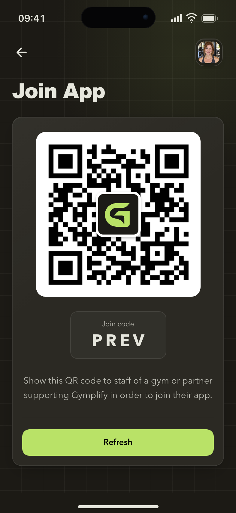 Gymplify join screen with an account QR code and join code