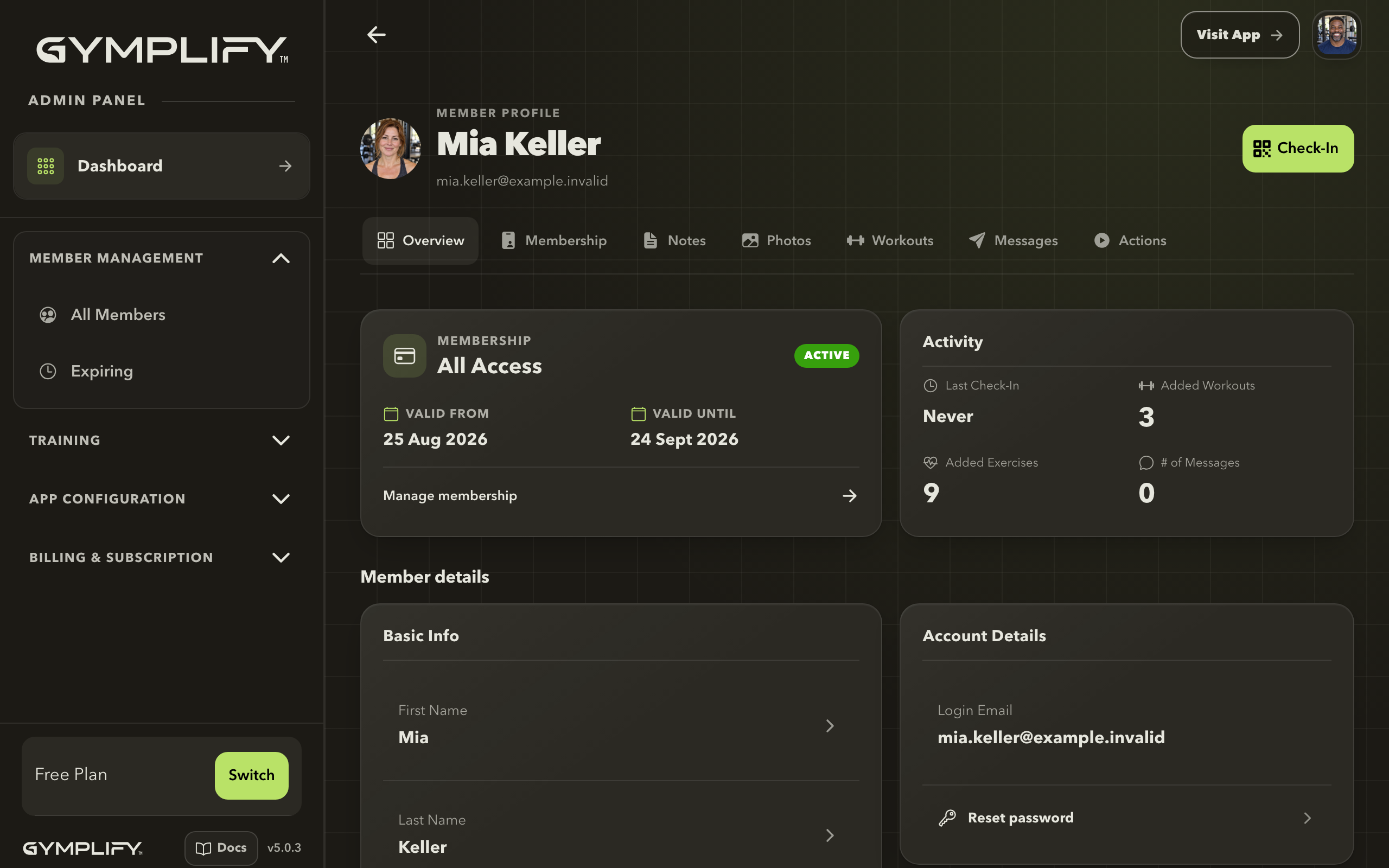 Gymplify staff member profile with membership, activity and contact details