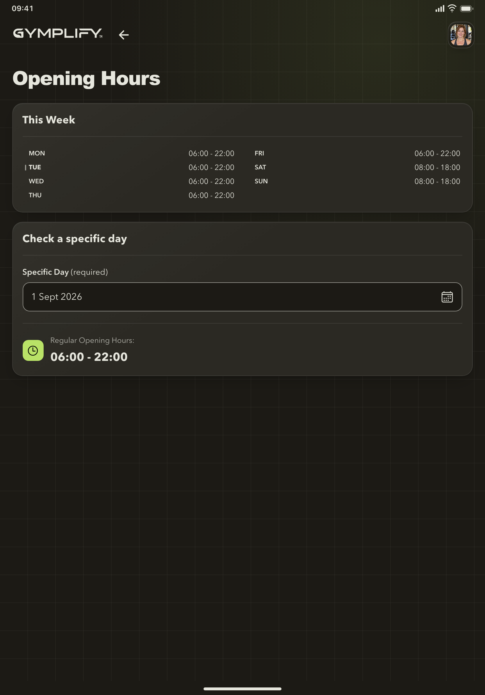 Gymplify weekly opening hours and a specific-day lookup