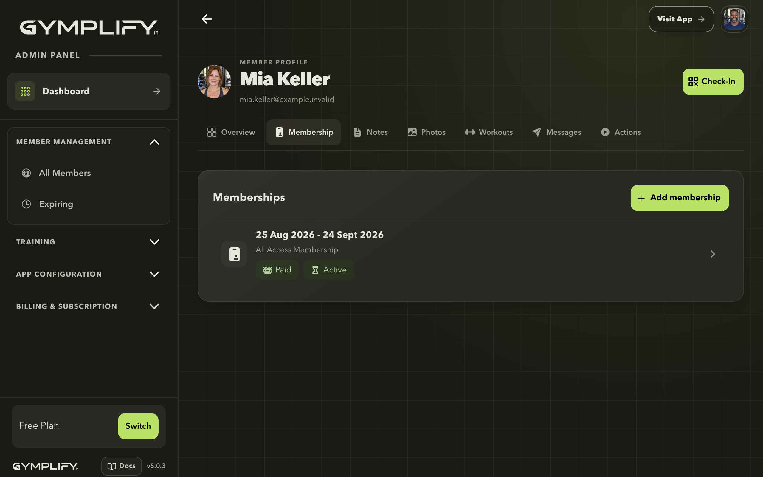 Gymplify staff membership list with validity dates and payment status