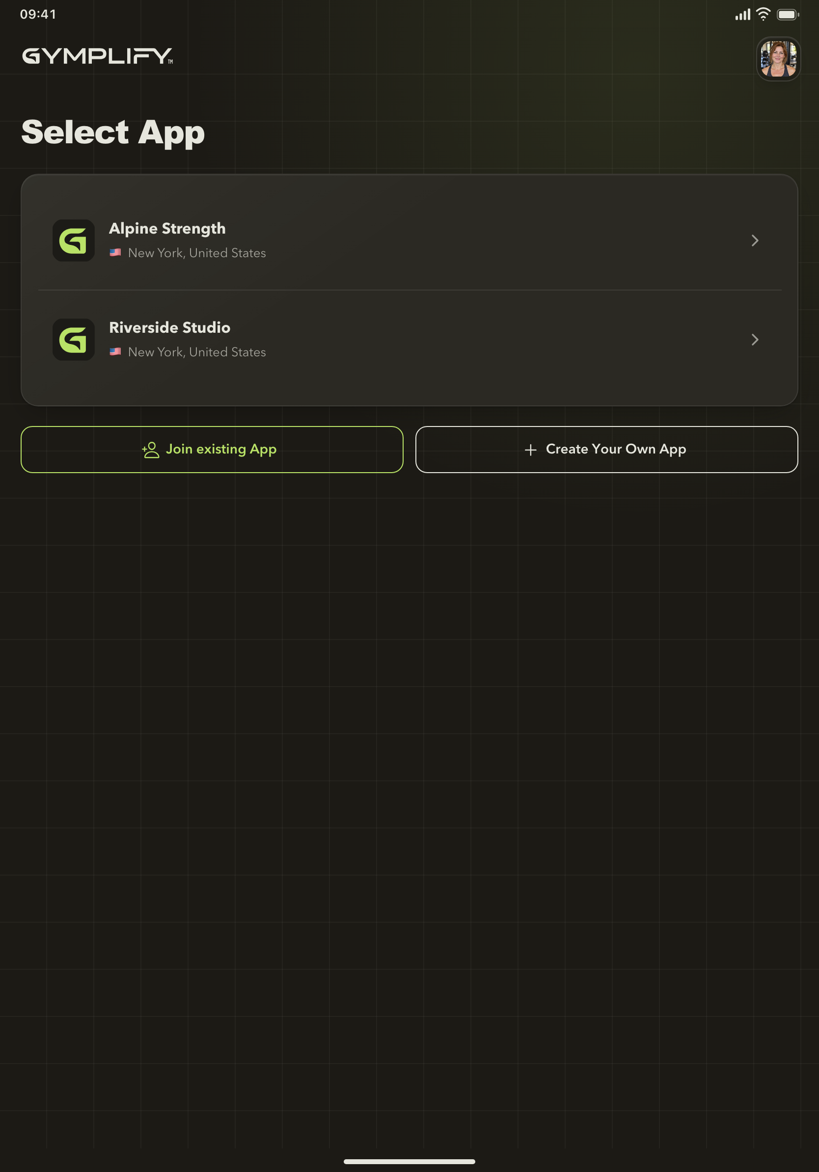 Gymplify app selector with two example gyms connected to one account