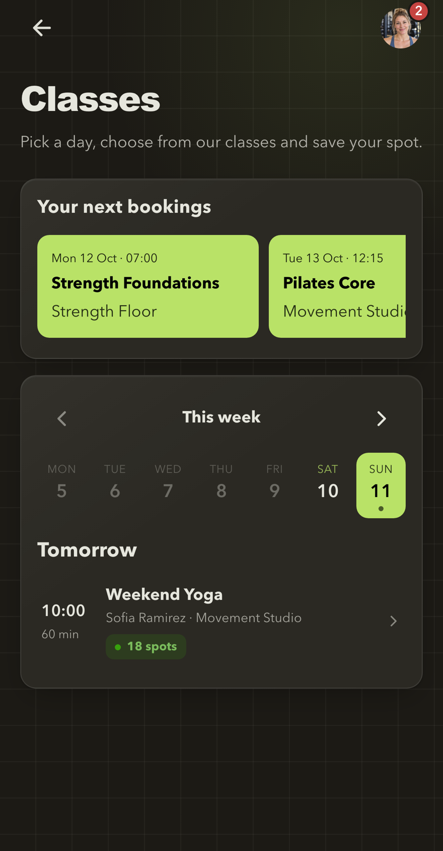 Classes page with your next bookings, a week picker and the classes of the selected day
