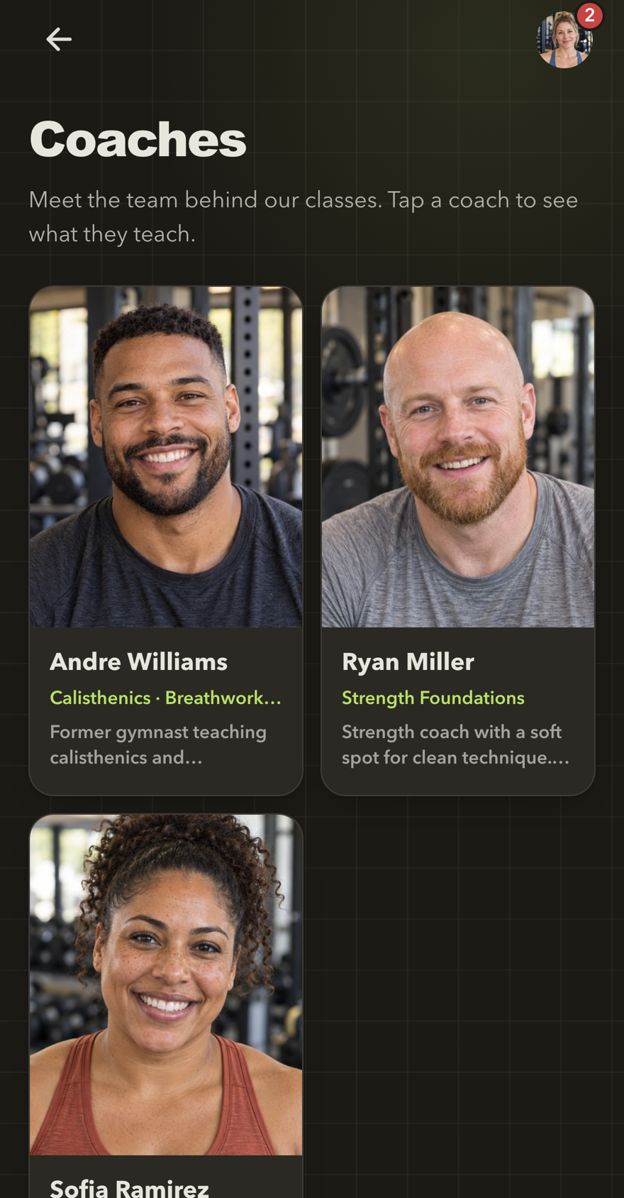 Coaches page with coach photos, the classes they teach and a short introduction