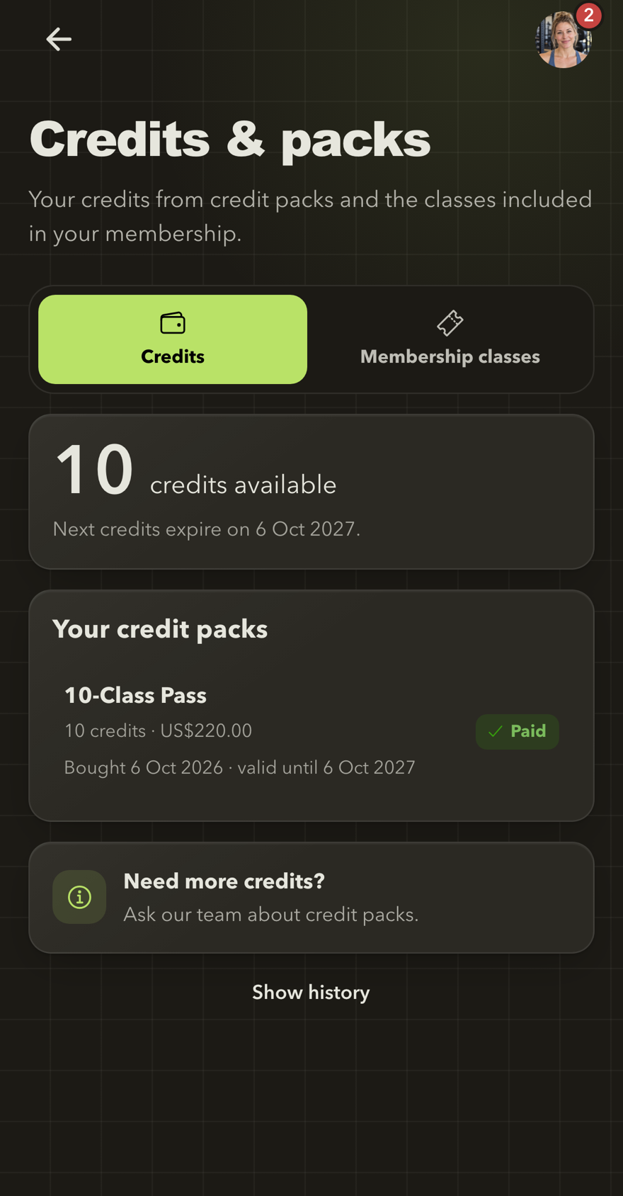 Credits page with the available credits, their expiry and a bought 10-class pack