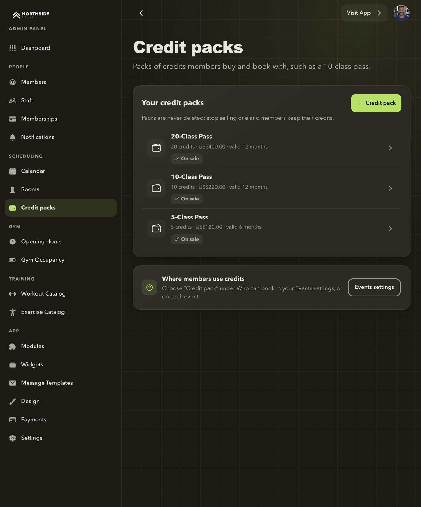 Admin Panel credit packs with 5-, 10- and 20-class passes, prices and validity