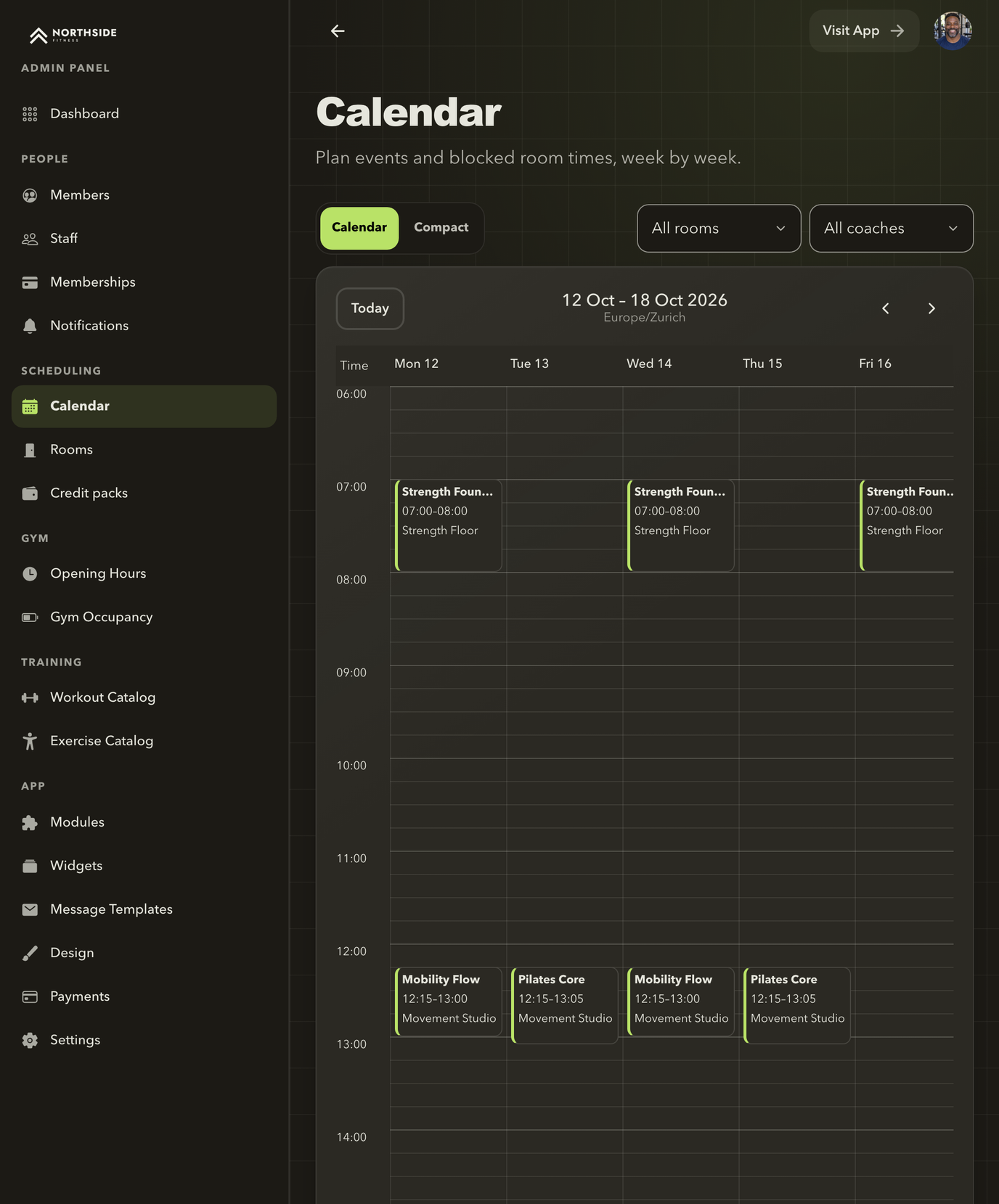 Admin Panel calendar with a week of recurring classes, their times and rooms