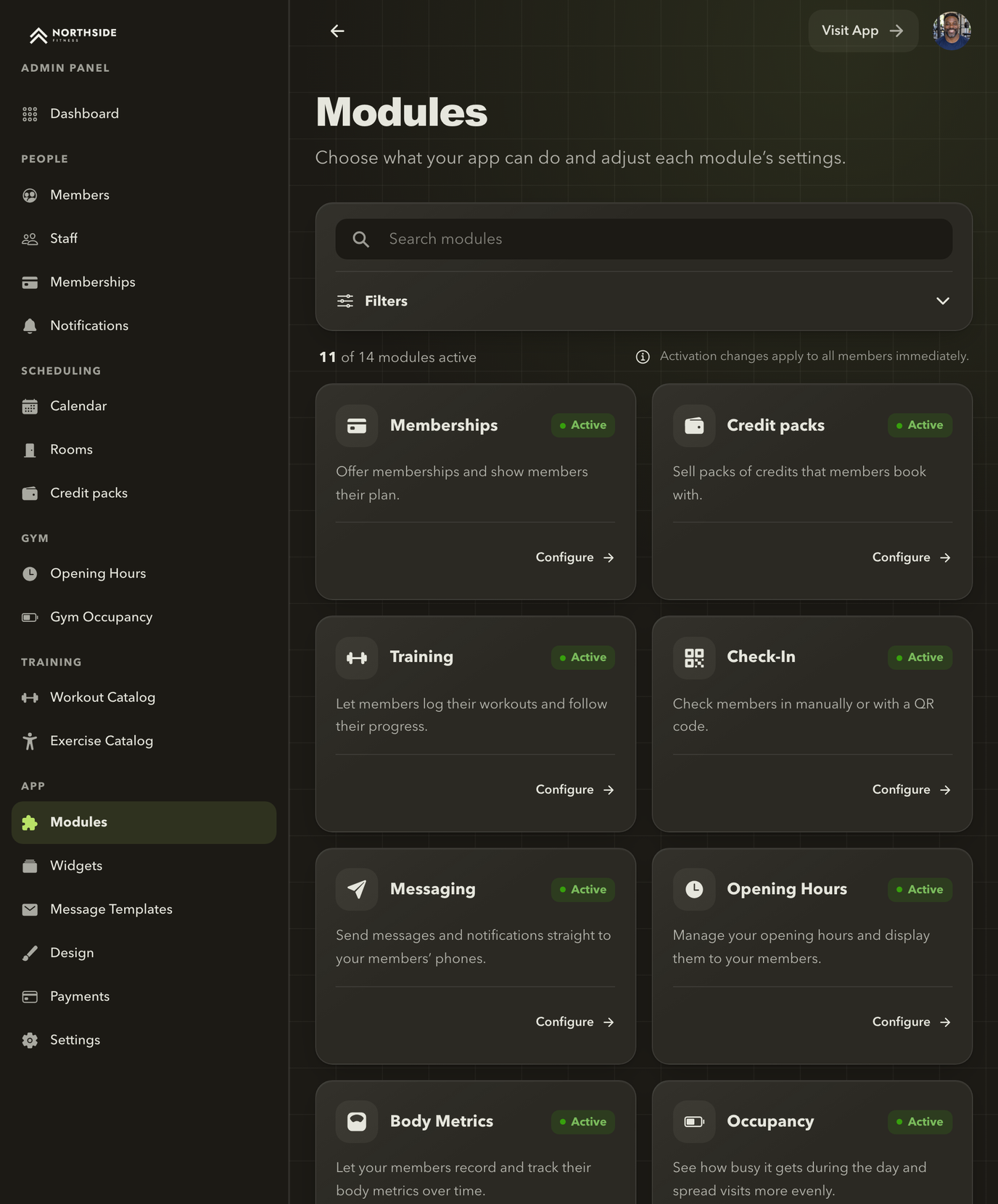 Admin Panel Modules page with module cards, their status and a Configure link