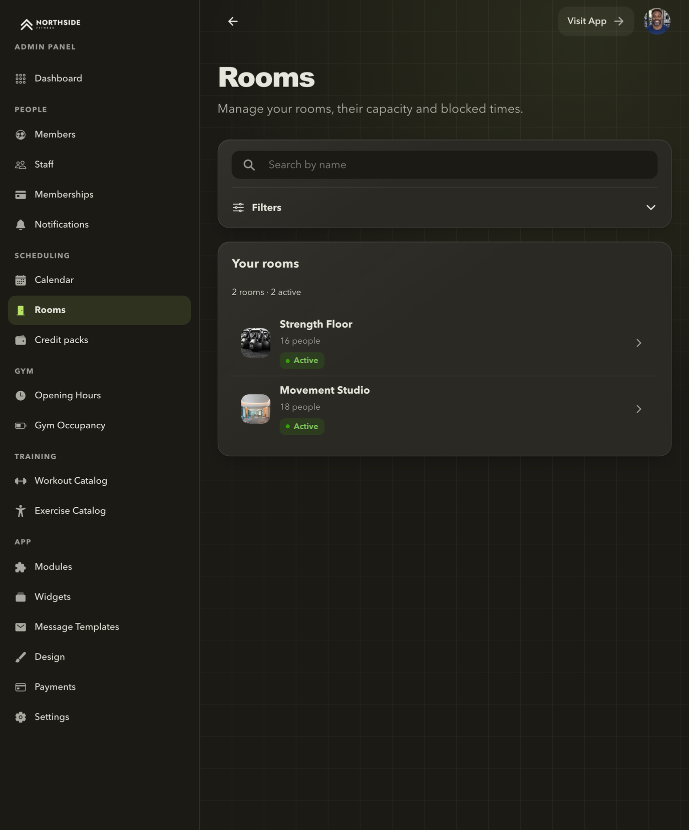 Admin Panel room list with two active rooms and their capacity